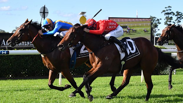 Fast finish: Releem Ruby comes from last to run second to Echo Jet (left) at Warwick Farm on April 17.