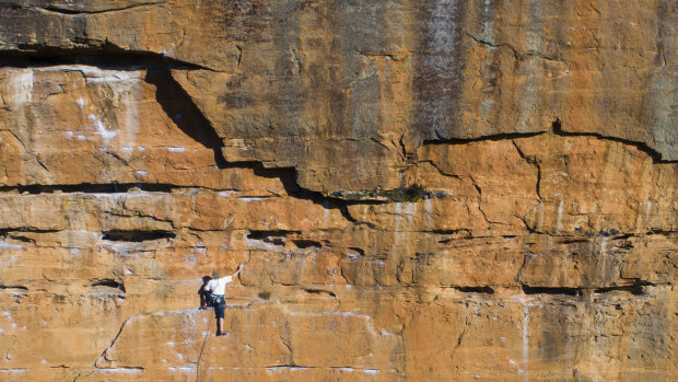 Everest veteran Greg Mortimer scales the western face of Upper Shipley in the Blue Mountains.