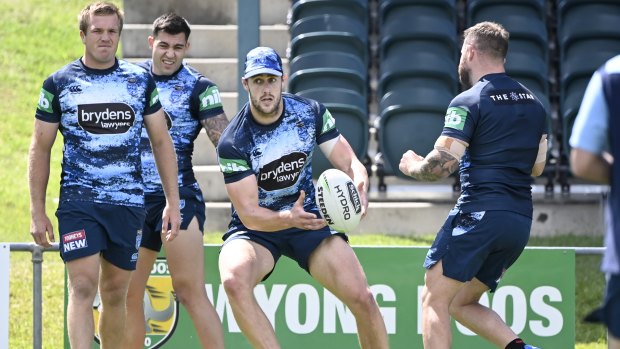 Isaah Yeo trains with the Blues on the Central Coast on Saturday.