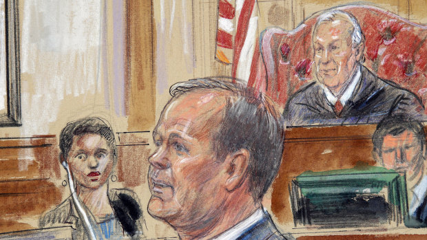 Sketch depicts Rick Gates, right, testifying during questioning in the bank fraud and tax evasion trial of Paul Manafort at federal court in Alexandria, Va. US district Judge T.S. Ellis III presides at top right. 