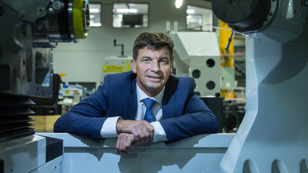 Energy minister Angus Taylor visits Melbourne manufacturer ANCA last week. . 