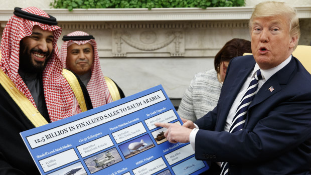 Saudi Crown Prince Mohammed with US President Donald Trump at the White House, with a chart highlighting American arms sales to Saudi Arabia. 