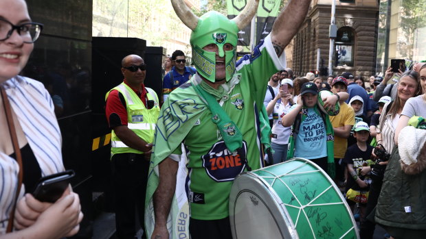 Canberra Raiders superfan Simon Tayoun with his drum in Martin Place.