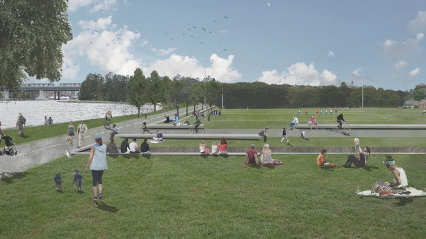 An artist's impression of the revitalised waterfront area at Callan Park.