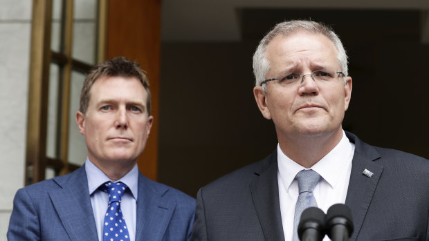 Prime Minister Scott Morrison with Attorney-General Christian Porter, left, who said there were 11 key changes in the second draft of the bill.