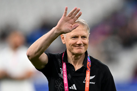 Joe Schmidt, assistant head coach of the All Blacks, acknowledges the crowd at the World Cup.