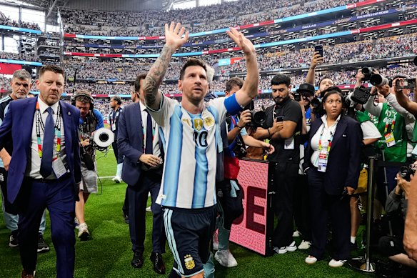 Argentina’s Lionel Messi celebrates his achievement.