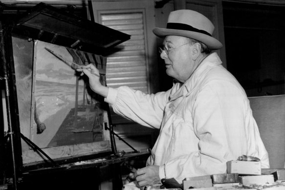 “At ease at an easel, Winston Churchill indulges in his favorite hobby, landscape in oils.” December 23, 1951