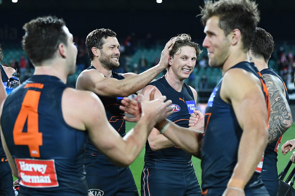 GWS celebrate their nailbiting win against the Swans in Launceston on Saturday.