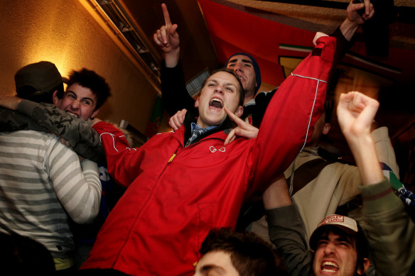 Soccer fans celebrating the 2006 World Cup match between Italy and Germany at Notturno Cafe. 