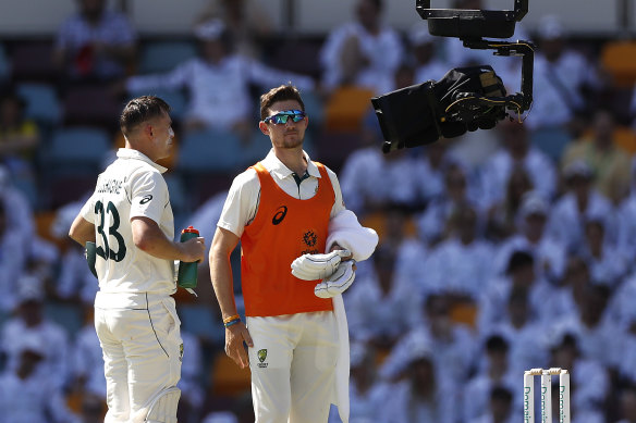 Curious habits: Marnus Labuschagne is interviewed by Fox Cricket on the Flying Fox while batting during day three.