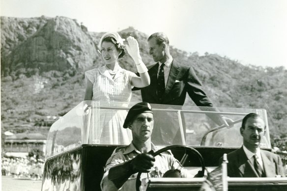 Queen Elizabeth II and Prince Phillip meet crowds in Townsville in 1954.