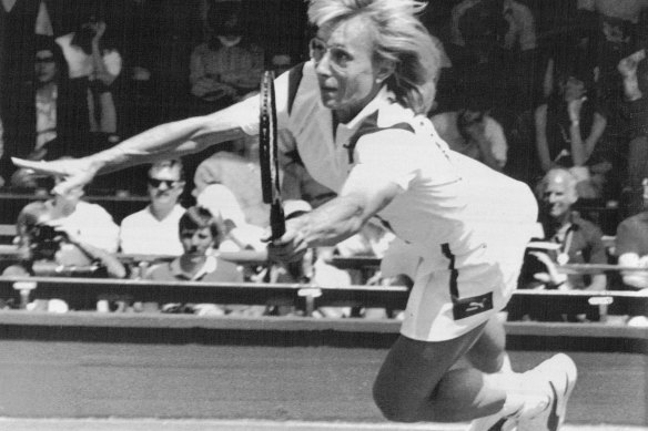 Martina Navratilova at full stretch to return a shot from Australia’s Dianne Balestrat at Wimbledon in 1987.