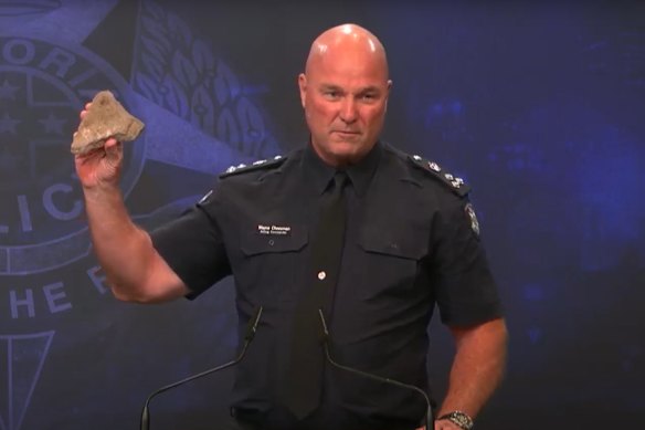 A visibly frustrated Commander Wayne Cheesman said protesters had pelted police with bluestone rocks. Victoria Police confirmed two officers had been hospitalised after clashing with protesters. 