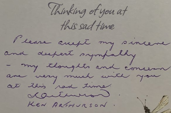 The card iconic Manly figure Ken Arthurson sent the Titmuss family following Keith’s tragic death last November.