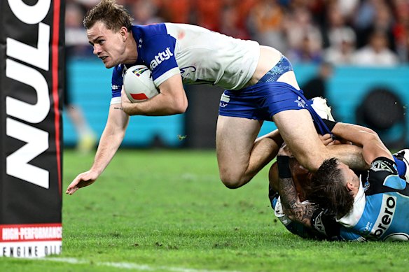 Lachlan Galvin has his pants pulled down while trying to score a consolation try for Canterbury.