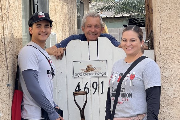 Culinary Union members Edrulfo Camacho and his mother Angelica door knocking in Las Vegas.