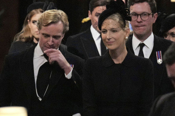 Lady Gabriella Kingston and Thomas Kingston arrive to attend the engagement service for Queen Elizabeth II held at St George's Chapel in 2022.
