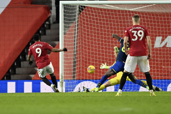 Anthony Martial scores Manchester United’s eighth goal in the 9-0 Premier League rout of Southampton.