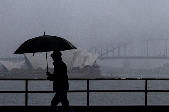 A pedestrian braves the rain on Friday morning.