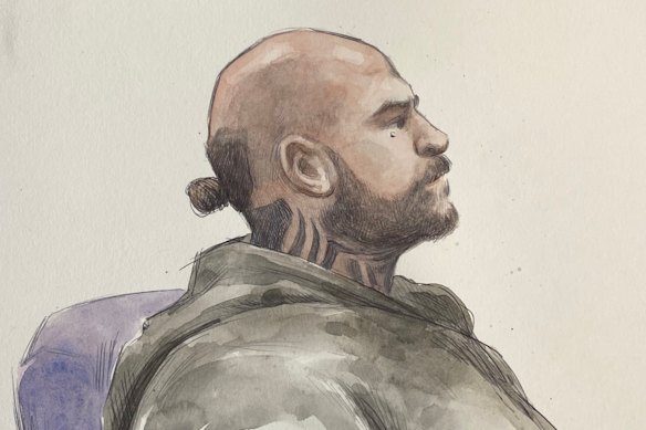 A court sketch of bikie David Pye, who is accused of paying a former soldier to shoot Martin.