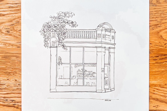 Buzz Swarbrick’s drawing of Beatrix cake store in North Melbourne. 