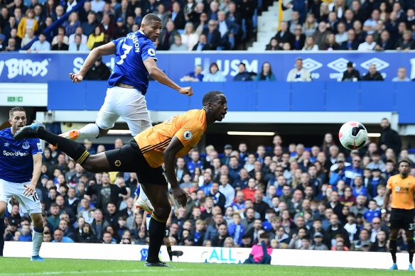 Richarlison scores the winning goal for Everton against Wolverhampton Wanderers at Goodison Park on Sunday.