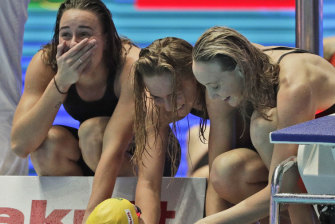 Australia's women's 4x200m freestyle relay team celebrate after wining the final at the World Swimming Championships in Gwangju, South Korea.