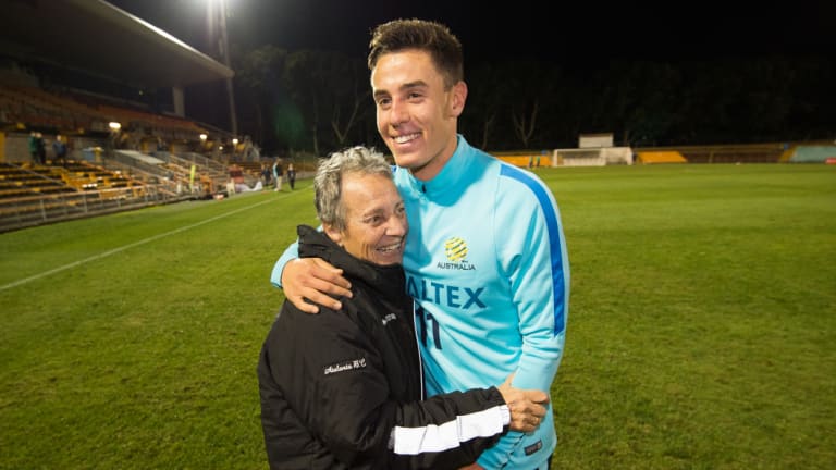 Ikonomidis with his grandmother Evangelia after a Socceroos training session in 2016.