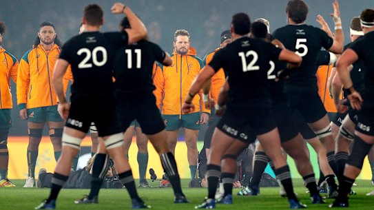The Wallabies stare down the haka in Melbourne in 2022.