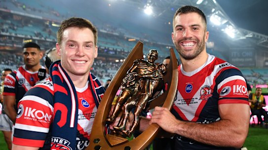Luke Keary and James Tedesco celebrate the 2019 NRL premiership.