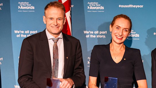 Professors Georgina Long and Richard Scolyer, NSW’s 2024 Australians of the Year, with Premier Chris Minns.