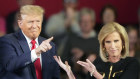  Donald Trump and moderator Laura Ingraham on stage during a Fox News town hall in February.
