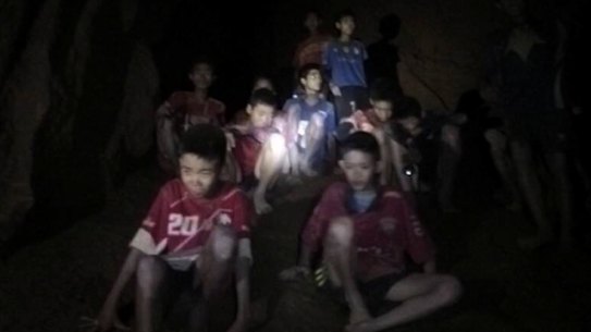 The first sighting of the 12 soccer players trapped in Thailand's Tham Luang cave complex.