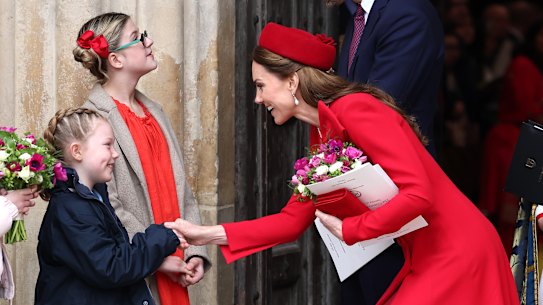 Catherine, Princess of Wales, in Catherine Walker at the Commonwealth Day service at Westminster Abbey on Monday.