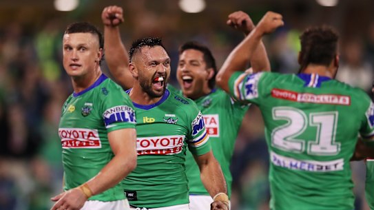 The Raiders celebrate their come-from-behind win.