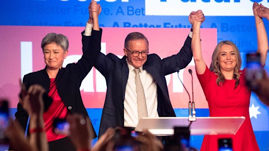 Prime Minister Anthony Albanese on election night with Foreign Affairs Minister Penny Wong and Albanese’s partner Jodie Haydon.