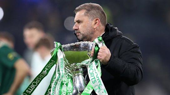 Ange Postecoglou with the Scottish League Cup at Hampden Park.