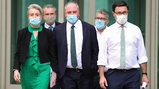 The process gives Nationals leader Barnaby Joyce, centre, considerable leeway to reach an outcome given most MPs were not told of the specific list of demands in the document finalised on Thursday night.