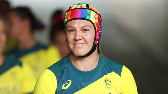 Sharni Williams at the Tokyo Olympics wearing her rainbow headgear.