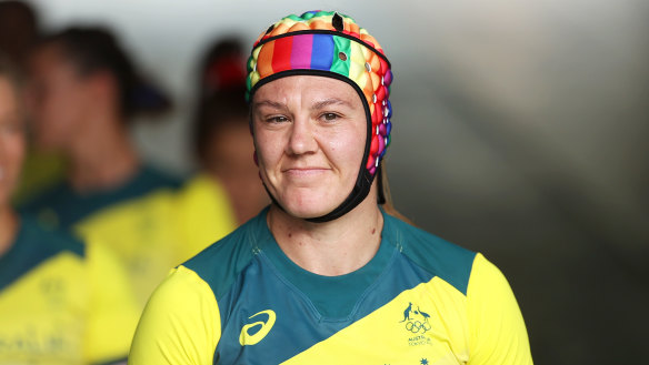 Sharni Williams at the Tokyo Olympics wearing her rainbow headgear.