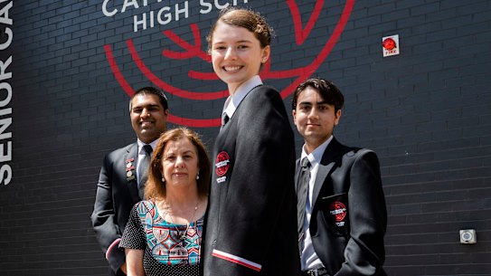 Year 12 HSC students Pratham Gupta, Abigail Botkowski and Chrisovalanti Chindilas,  with their year advisor Jenny Perry. This is the first year students are sitting the HSC at Cammeraygal High School.