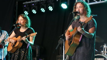 The Teeny Tiny Stevies performing songs off their album to a packed crowd at Woodford Folk Festival.