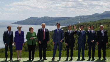 Straight to the spotlight: Italian PM Giuseppe Conte, second from right, with other G7 leaders in Canada.