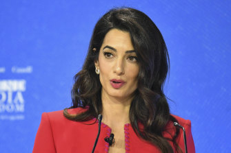 Human rights lawyer Amal Clooney speaks at the Media Freedom conference.