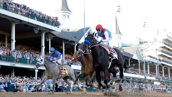 Medina Spirit crosses the line to give trainer Bob Baffert his seventh Kentucky Derby winner.