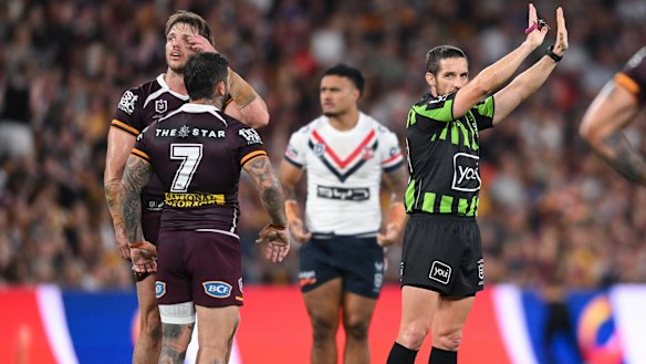 Jack Goseiwski is sent to the sin bin during the Broncos’ defeat to the Roosters.