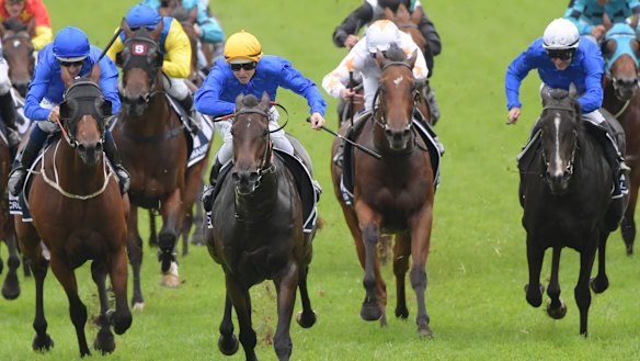 1-2-3: Kiamichi (yellow cap) leads home Microphone (blue cap) and Lyre (white cap)  in a Godolphin  Slipper trifecta.
