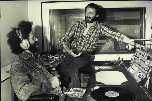 Left to right Chris Winter, compere, and Ted Robinson, producer, of the ABC's radio rock programme "Room to Move" after a mornings recording session at the ABC building in Forbes St. January  18, 1973. 

