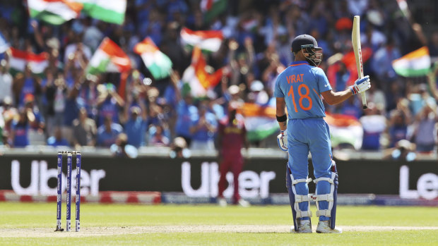 Indian skipper Virat Kohli celebrates his half-century against the West Indies.